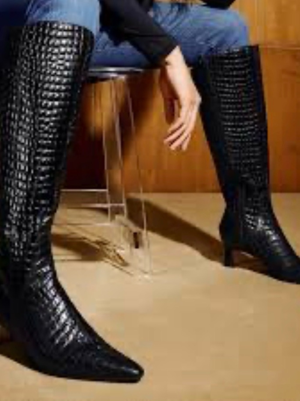 Naturalizer Black Croc-Embossed Knee Boots with Pointed Toe